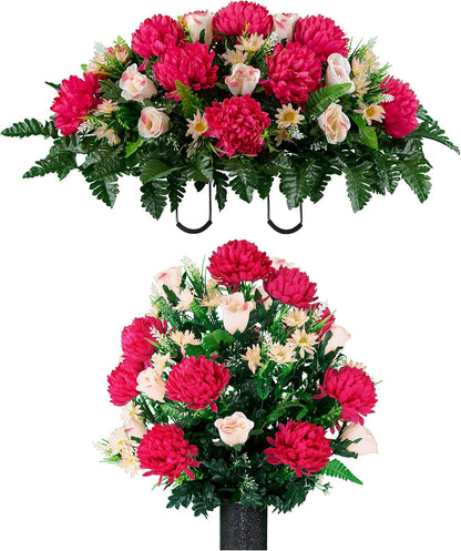 Sympathy Silks Artificial Cemetery Flowers – Realistic Vibrant Roses, Outdoor Grave Decorations - Non-Bleed Colors, and Easy Fit - 1 Purple Mum and Yellow Rose Saddle for Headstone