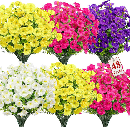 Alupssuc 24 Bundles Artificial Flowers for Outdoors, Faux Spring Flowers for Decoration, UV Resistant Silk Morning Glory with Eucalyptus Realistic Fake Flowers for Yard Planter Porch Garden, 5 Colors
