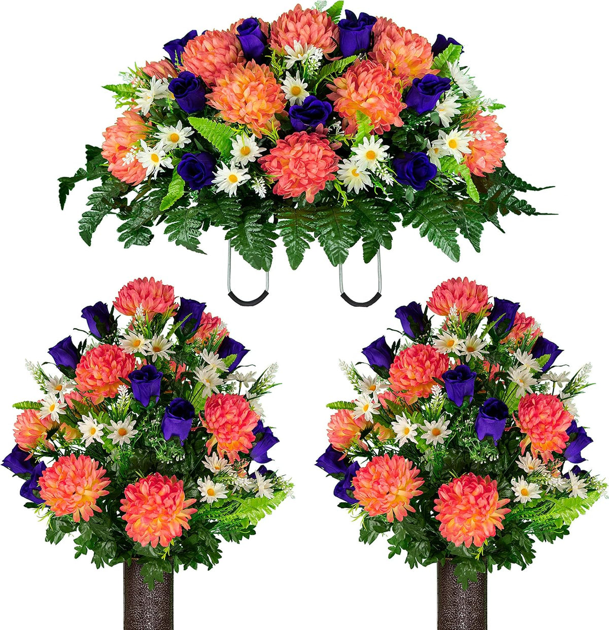 Sympathy Silks Artificial Cemetery Flowers – Realistic Vibrant Roses, Outdoor Grave Decorations - Non-Bleed Colors, and Easy Fit - 1 Purple Mum and Yellow Rose Saddle for Headstone