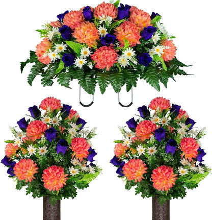 Sympathy Silks Artificial Cemetery Flowers – Realistic Vibrant Roses, Outdoor Grave Decorations - Non-Bleed Colors, and Easy Fit - 1 Purple Mum and Yellow Rose Saddle for Headstone