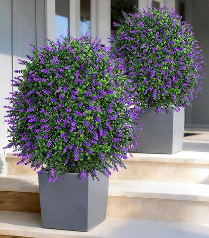 26" Artificial Boxwood Topiary Trees with Lavender Flowers 2 Pack Fake Plants for Outdoor Indoor Artificial Shrubs with Metal Ground Spike UV Resistant Fake Bushes for Front Porch Garden, Purple
