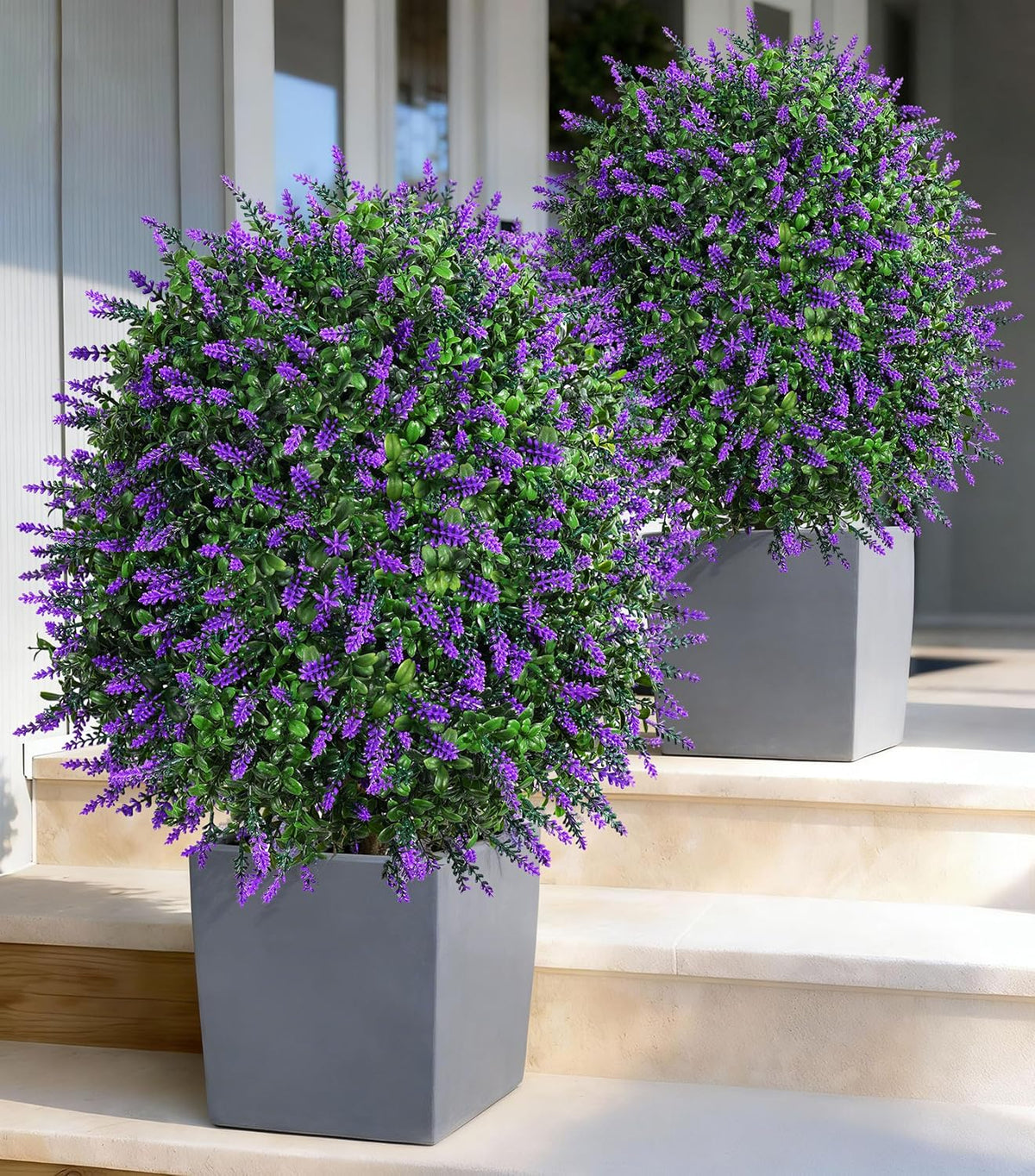 HyeFlora 26" Artificial Topiary Boxwood Ball Trees with Lavender 2 Pack Fake Plants for Outdoor Indoor Artificial Shrubs with Ground Spike UV Resistant Fake Bushes for Front Porch Garden (White)
