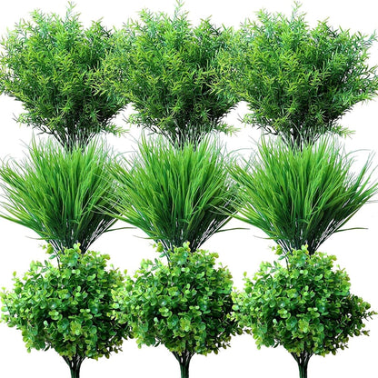 18PCS Outdoor Artificial Faux Plants Spring Summer Decorations, UV Resistant Bulk Realistic Fake Bushes Grass Eucalyptus Outside Plastic Greenery Shrubs for Front Porch Patio Window Box