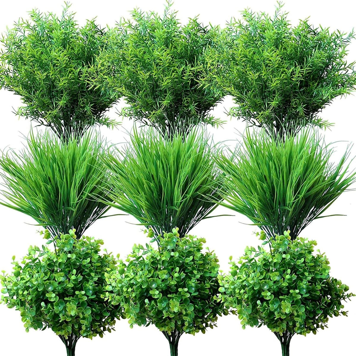 18PCS Outdoor Artificial Faux Plants Spring Summer Decorations, UV Resistant Bulk Realistic Fake Bushes Grass Eucalyptus Outside Plastic Greenery Shrubs for Front Porch Patio Window Box