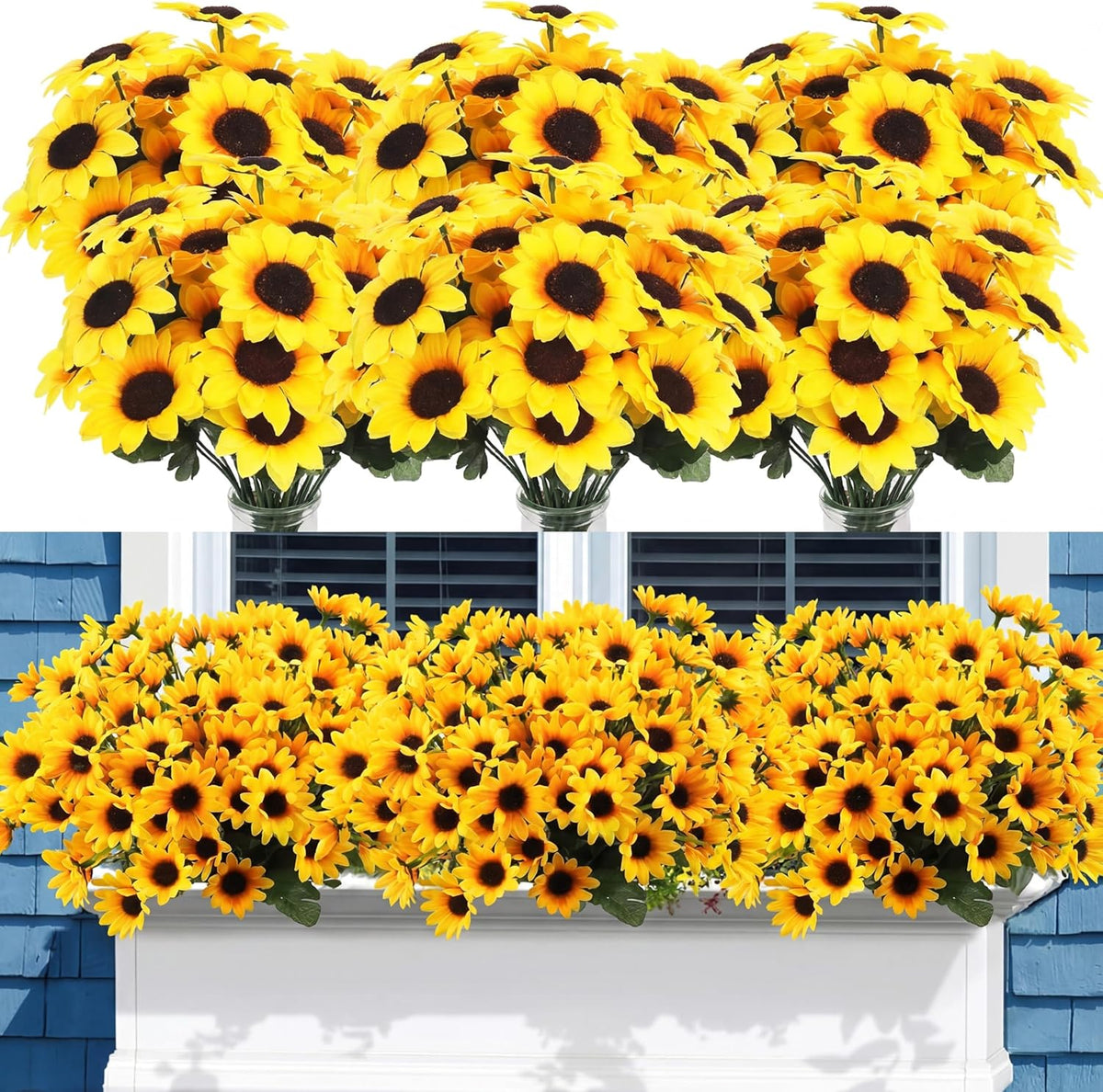 Redbaker 24 Bundles Sunflower Faux Mums for Outdoor Artificial Flower with Stems Bouquet Fake Plants Bulk UV Resistant Plastic No Fade Wedding Fall Garden Home Window Decor (Little Sunflower, Yellow)