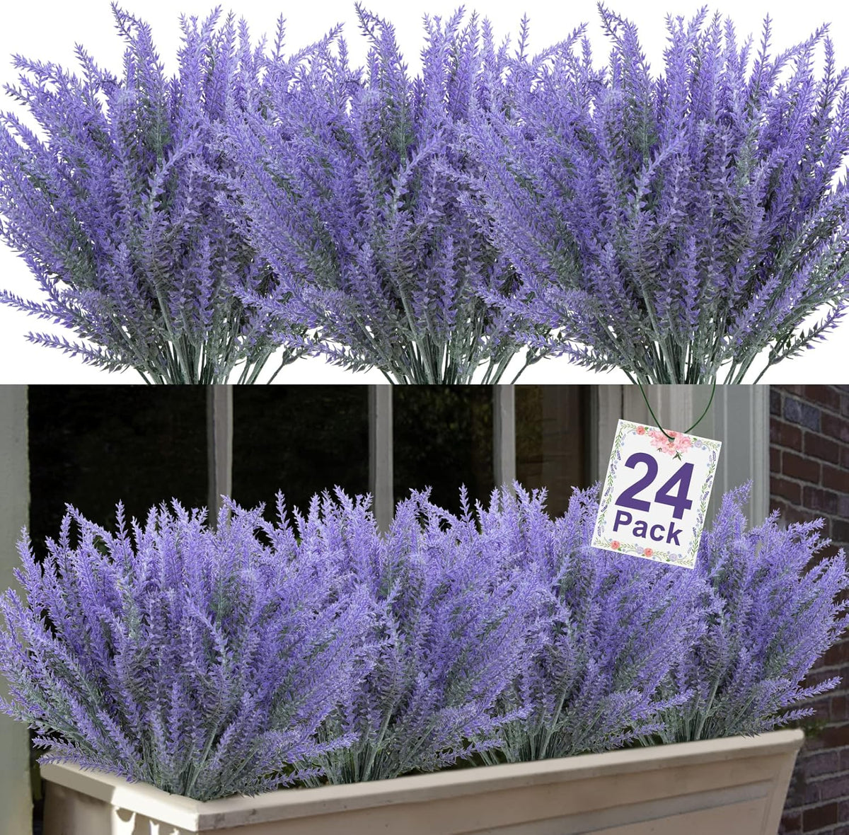 Ouddy Decor 24 Bundles Artificial Lavender Fake Flowers Faux Plastic Plants for Home Wedding Kitchen Garden Patio Window Box Office Table Centerpieces Indoor Outdoor Decor, Gray Purple