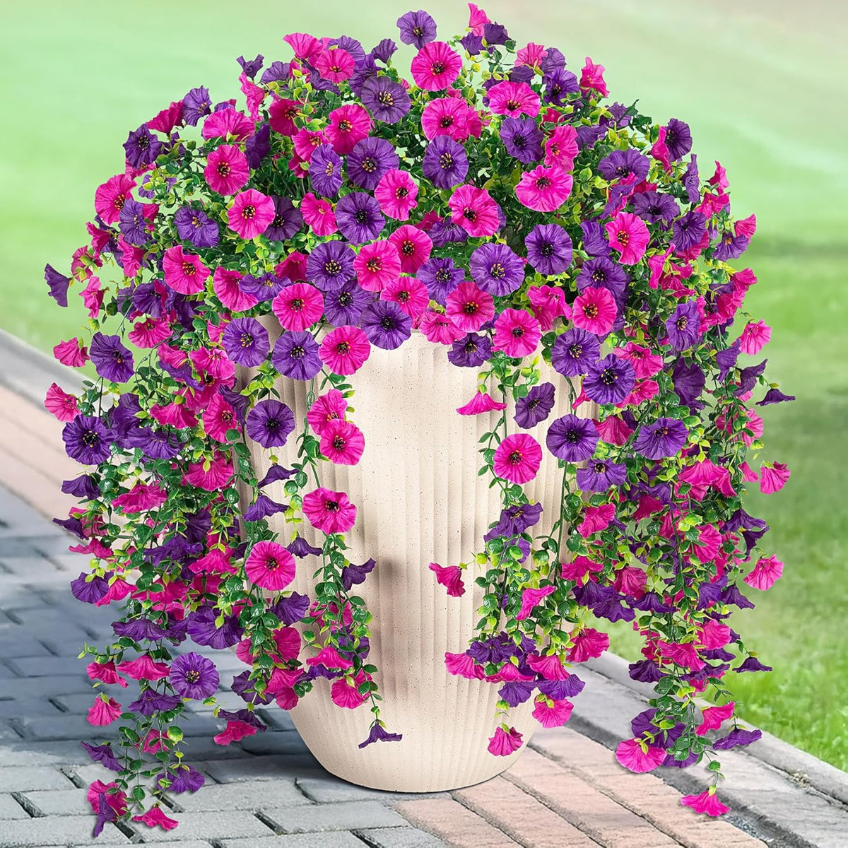 Artificial Hanging Petunia Flowers for Outdoor, 4 Pcs Fake Plants Long Vine Morning Glory Eucalyptus, UV Resistant Realistic Faux Greenery Indoor and Outdoor Patio Porch Garden Spring Summer Decor, Purple