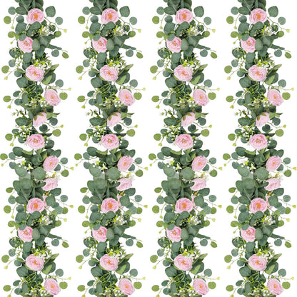TOCHGREEN 2 Pack 13Ft Artificial Eucalyptus Flower Garland with Pink Roses, Fake Rose Flower Greenery Garland Floral Vines for Wedding Home Party Table Runner Decor (4PCS, Pink)