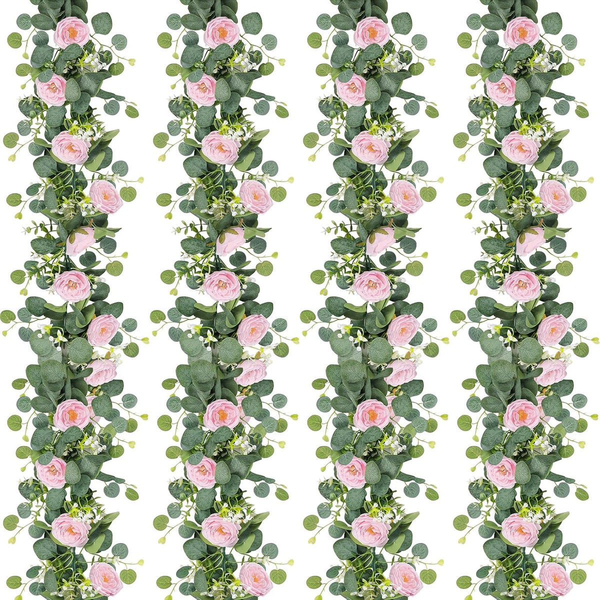TOCHGREEN 2 Pack 13Ft Artificial Eucalyptus Flower Garland with Pink Roses, Fake Rose Flower Greenery Garland Floral Vines for Wedding Home Party Table Runner Decor (4PCS, Pink)