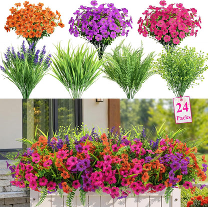 Alupssuc 24 Bundles Artificial Flowers for Outdoors Spring Decoration, UV Resistant Faux Eucalyptus Violet and Lavender Silk Fake Plants for Outside Indoor Yard Home Patio Decor, Red Rose Purple