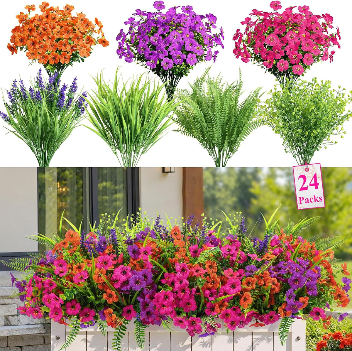 Alupssuc 24 Bundles Artificial Flowers for Outdoors Spring Decoration, UV Resistant Faux Eucalyptus Violet and Lavender Silk Fake Plants for Outside Indoor Yard Home Patio Decor, Red Rose Purple