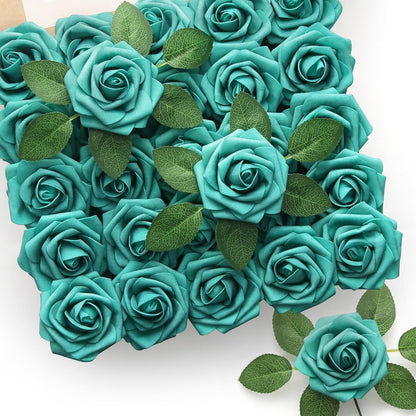 Mocoosy 50Pcs Rose Artificial Flowers, Lavender Fake Roses for Decorations, Purple Foam Fake Flowers with Stem for DIY Wedding Bouquet Bridal Shower Mother's Day Floral Arrangement Party Home Decor