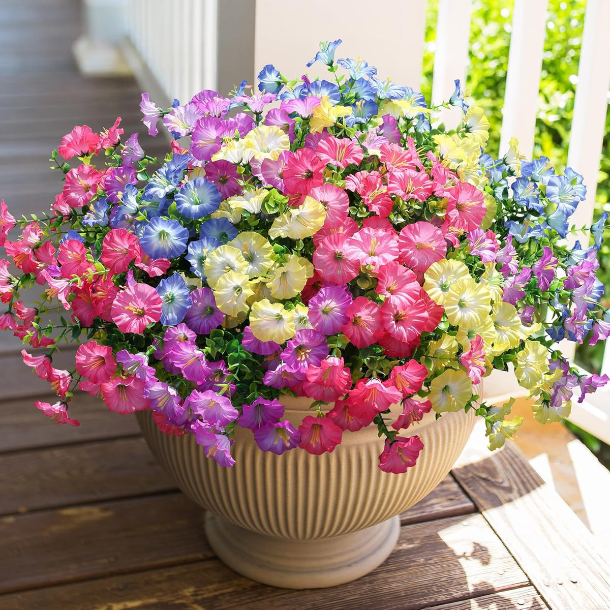 Artificial Flowers for Outdoors Fake Plants Spring Summer Decor, 12 Bundles Orange Silk Morning Glory with Eucalyptus Look Real UV Resistant Faux Flowers for Outside Planters Front Door Yard Indoor
