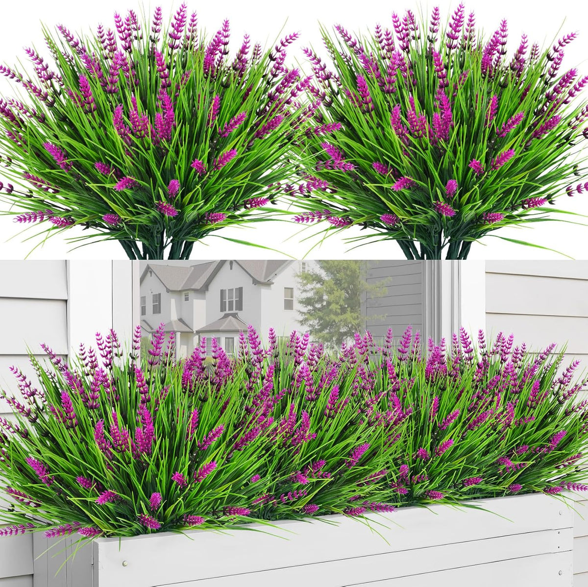 Bassion Artificial Flowers for Outdoors, 24 Bundles Fake Lavender Flowers UV Resistant Plastic Plants Faux Purple Monkey Grass for Home Porch Garden Window Box Indoor Outdoor Decorations