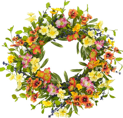 20 inch Spring Summer Wreaths for Front Door Floral Wreath with Colorful Wildflowers, Eucalyptus Leaves, Olive Leaves, Small Berries for Indoor Outdoor Farmhouse Home Wall Window Festival Decoration