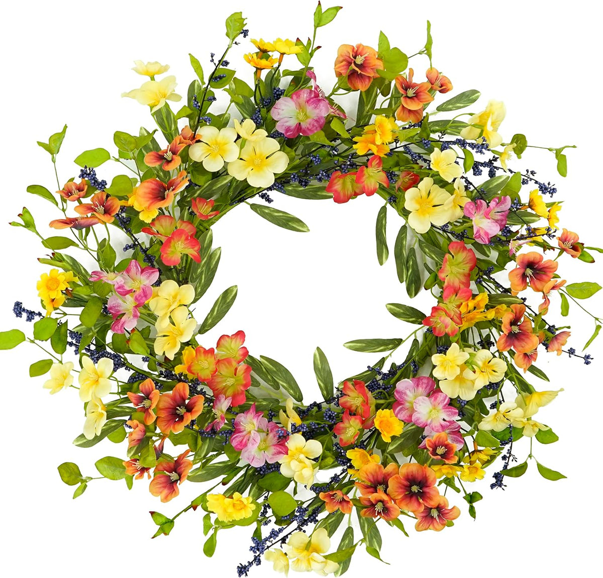 20 inch Spring Summer Wreaths for Front Door Floral Wreath with Colorful Wildflowers, Eucalyptus Leaves, Olive Leaves, Small Berries for Indoor Outdoor Farmhouse Home Wall Window Festival Decoration