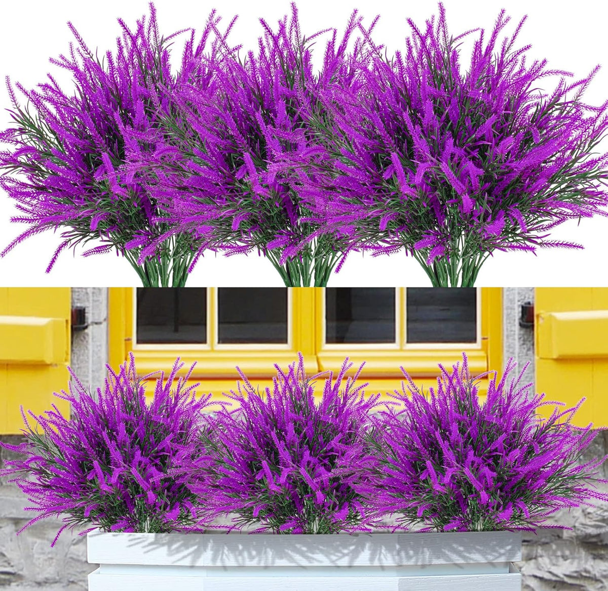 12 Bundles Fake Outdoor Flowers UV Resistant Plants Artificial Lavender Faux Plastic Shrubs Window Box Garden Porch Home Decor(Purple)
