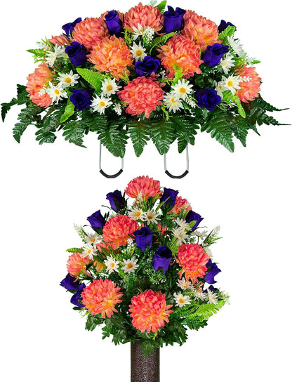 Sympathy Silks Artificial Cemetery Flowers – Realistic Vibrant Roses, Outdoor Grave Decorations - Non-Bleed Colors, and Easy Fit - 1 Purple Mum and Yellow Rose Saddle for Headstone