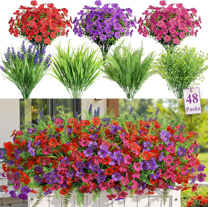 Alupssuc 24 Bundles Artificial Flowers for Outdoors Spring Decoration, UV Resistant Faux Eucalyptus Violet and Lavender Silk Fake Plants for Outside Indoor Yard Home Patio Decor, Red Rose Purple