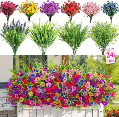 Alupssuc 24 Bundles Artificial Flowers for Outdoors Spring Decoration, UV Resistant Faux Eucalyptus Violet and Lavender Silk Fake Plants for Outside Indoor Yard Home Patio Decor, Red Rose Purple