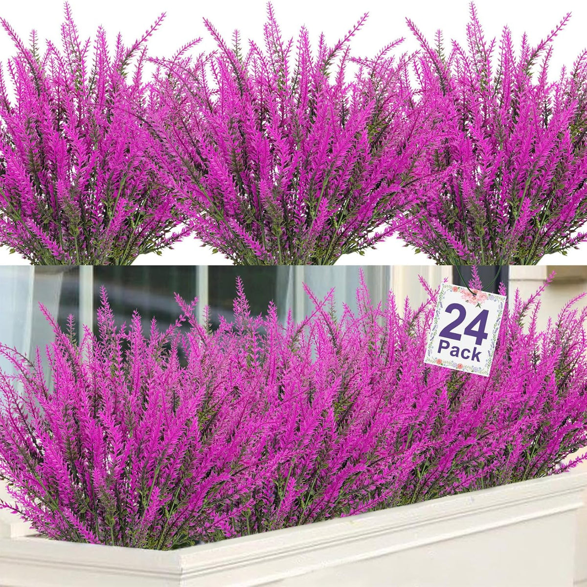 Ouddy Decor 24 Bundles Artificial Lavender Fake Flowers Faux Plastic Plants for Home Wedding Kitchen Garden Patio Window Box Office Table Centerpieces Indoor Outdoor Decor, Gray Purple
