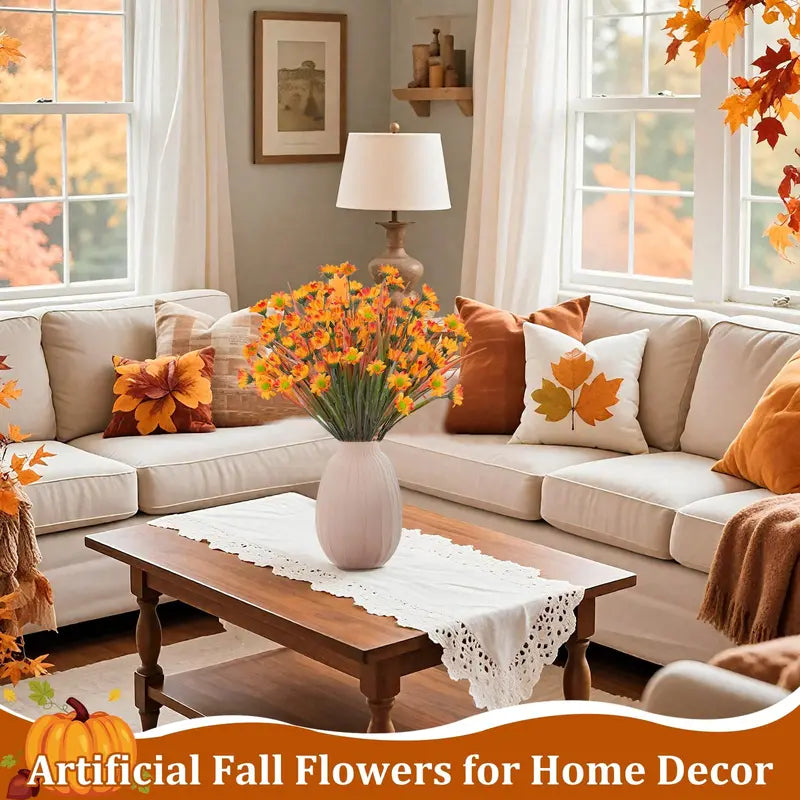 24-Bundle 6-Style Artificial Faux Plants Decorative Fall Flowers, UV-Resistant Orange Mums and Maple Leaves