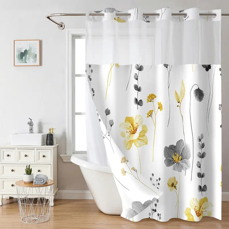 Ink and Wash Floral Double-Layer Shower Curtain, Hookless Country Style Decor, 72x75in