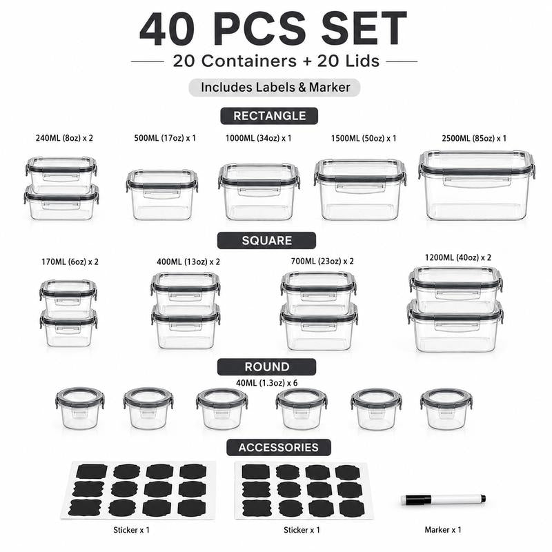 40-Piece Rectangular Plastic Kitchen Food Storage Set - 20 Bases & 20 Lids, Airtight & Leakproof