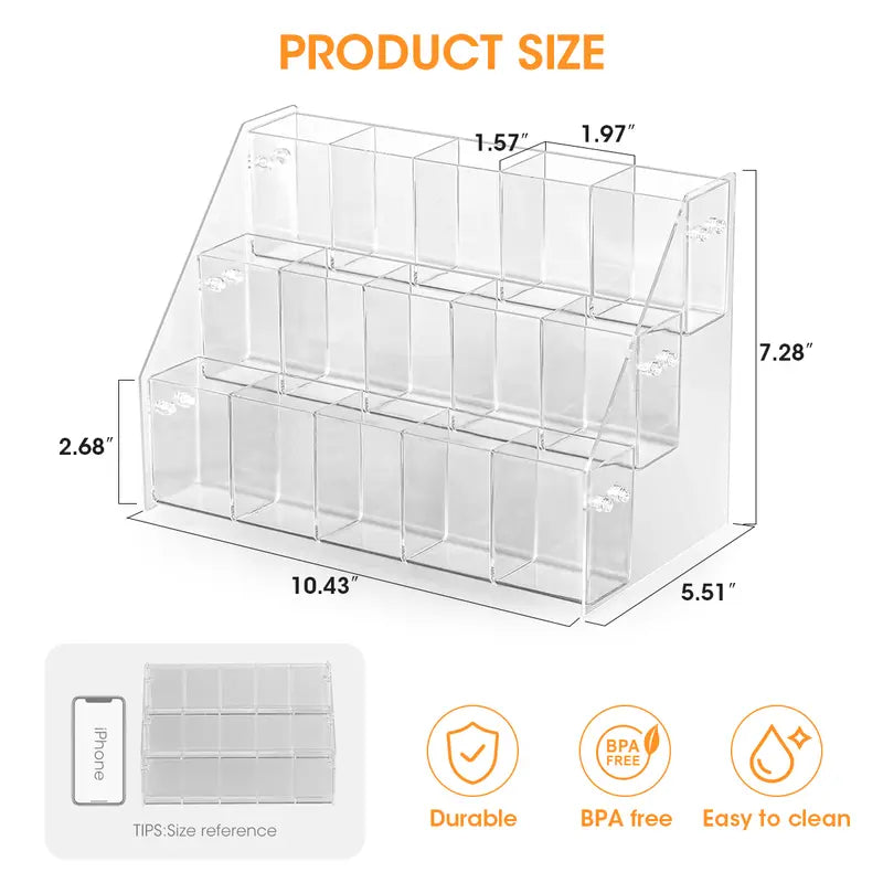 15-Slot Clarity Acrylic Drink Packet Organizer - Display Holder and Storage Rack for Water Flavor Mix