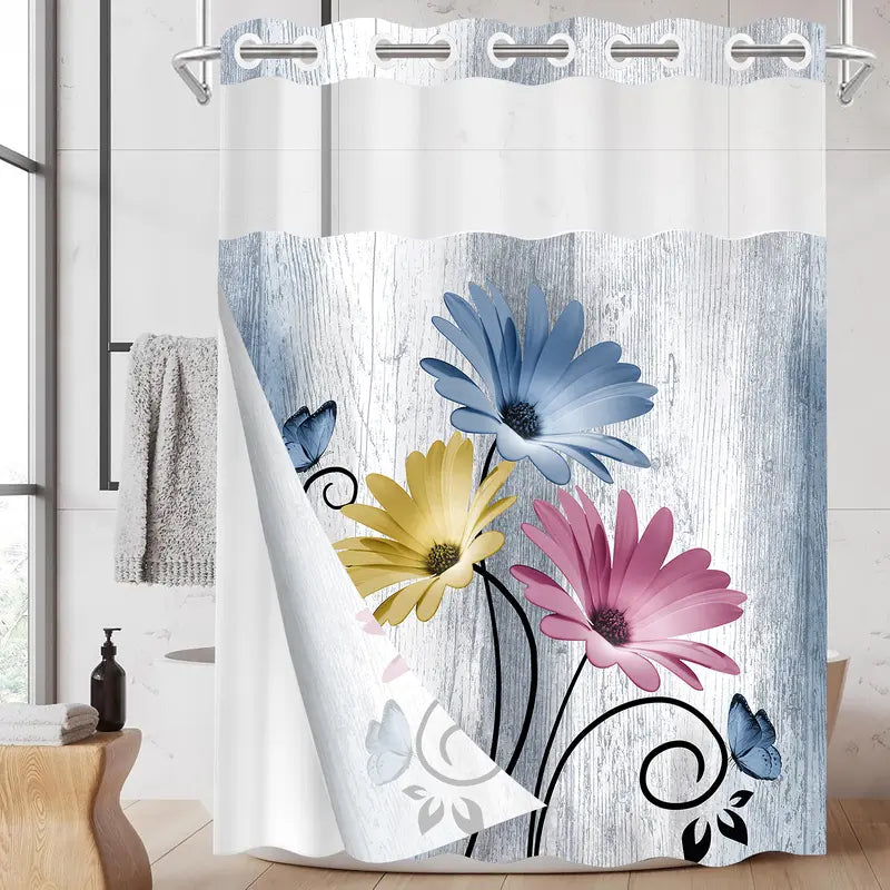 Double-Layer Daisy Printed Shower Curtain - Hookless Waterproof Fabric for Bathroom