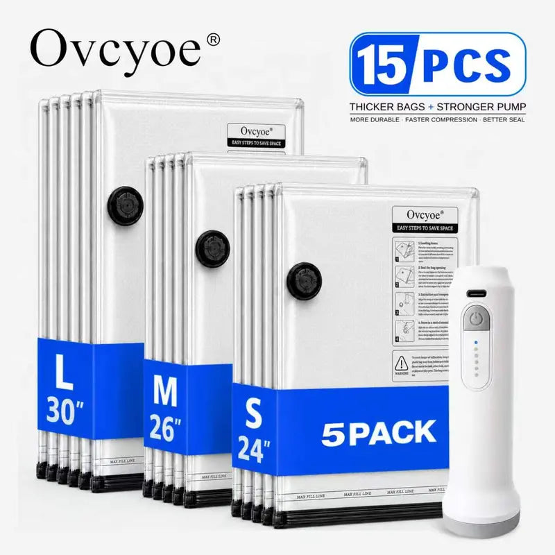 [2026 Upgraded] X7 Cordless Vacuum Seal Storage Bags Set with Rechargeable Air Pump, 15 Pack PE PA Blend Waterproof Space Saver Bags