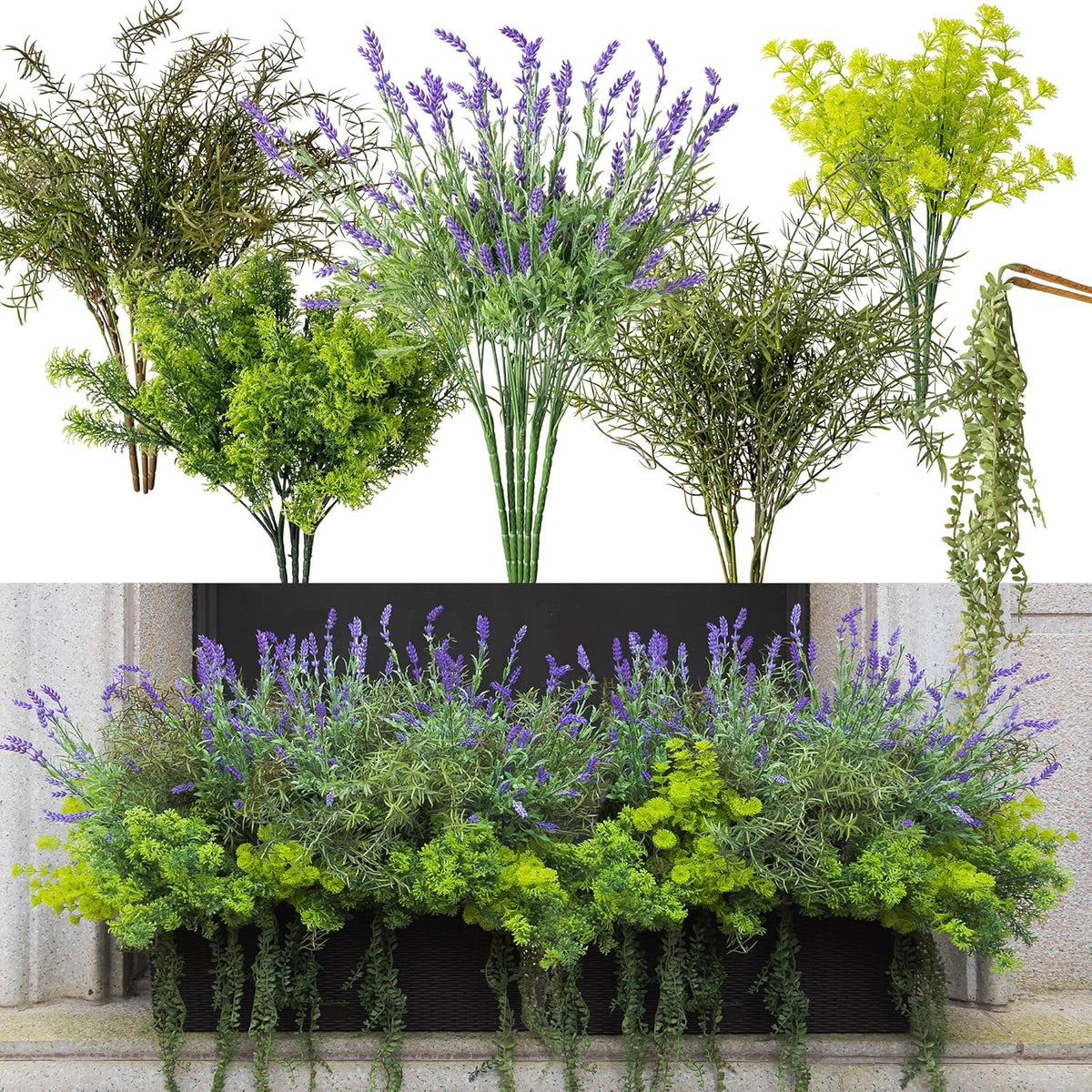 PARTY JOY 19 Bunches Fake Plants Outdoor, Fake Bushes UV Resistant Artificial Lavender Flowers Greenery Shrubs Faux Greenery for Outdoor Garden Patio Front Porch Yard Decor