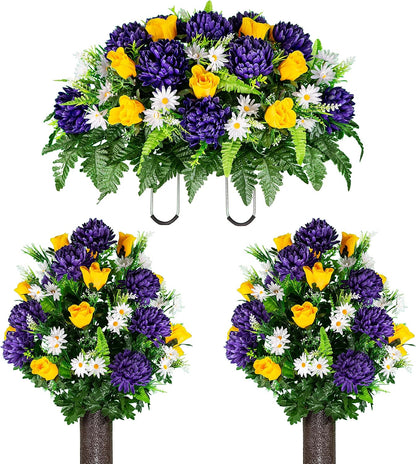 Sympathy Silks Artificial Cemetery Flowers – Realistic Vibrant Roses, Outdoor Grave Decorations - Non-Bleed Colors, and Easy Fit - 1 Purple Mum and Yellow Rose Saddle for Headstone