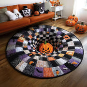 🎃 Patchwork Pumpkin 3D optical illusion round Halloween rug