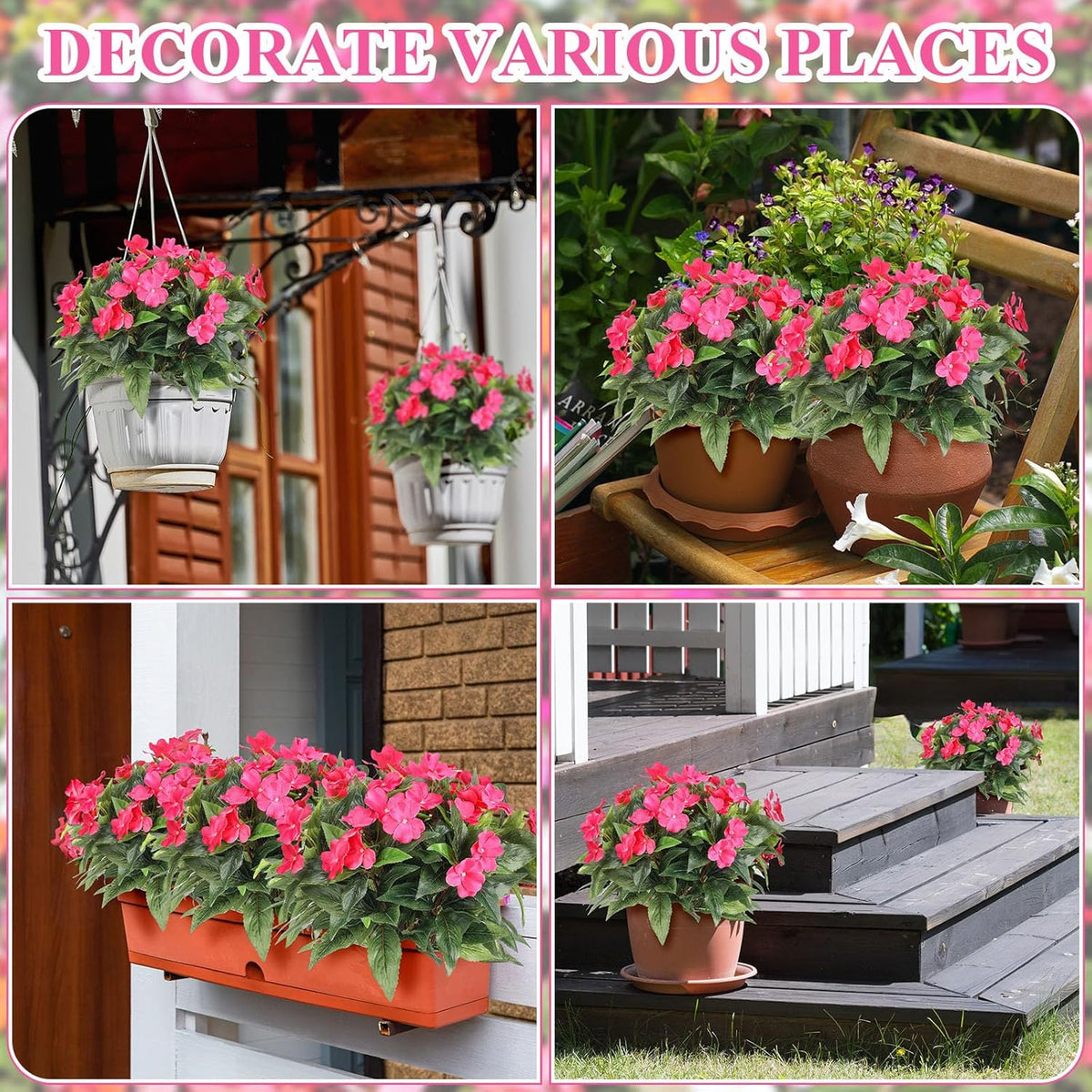 Wavwavw 6 Pcs Artificial Impatiens Bouquet Flowers for Outdoors 15 Inch Silk Flowers Greenery Artificial Impatiens for Outdoor Patio Lawn Garden Balcony Pot Hanging Basket Porch Decoration(Rose Red)