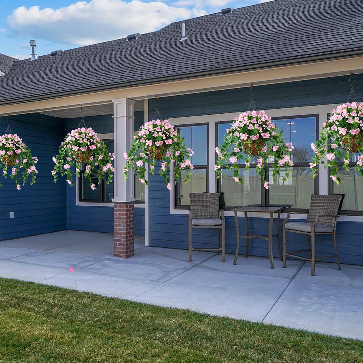 Homsunny Artificial Hanging Flowers Plants Basket for Outdoor Decoration, 4 Pcs Faux Silk Bougainvillea Vine Flowers Look Real UV Resistant for Outside Porch Patio Yard Garden Decor (Pink