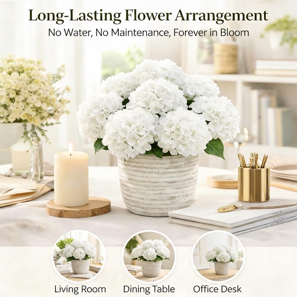 UV Resistant Hydrangeas 6 Bundles with 30 Heads Artificial Faux Silk Flowers for Garden Porch Yard Window Box Wedding Decoration Bush for Outdoor Front Door Garden Decor Potted Topiary