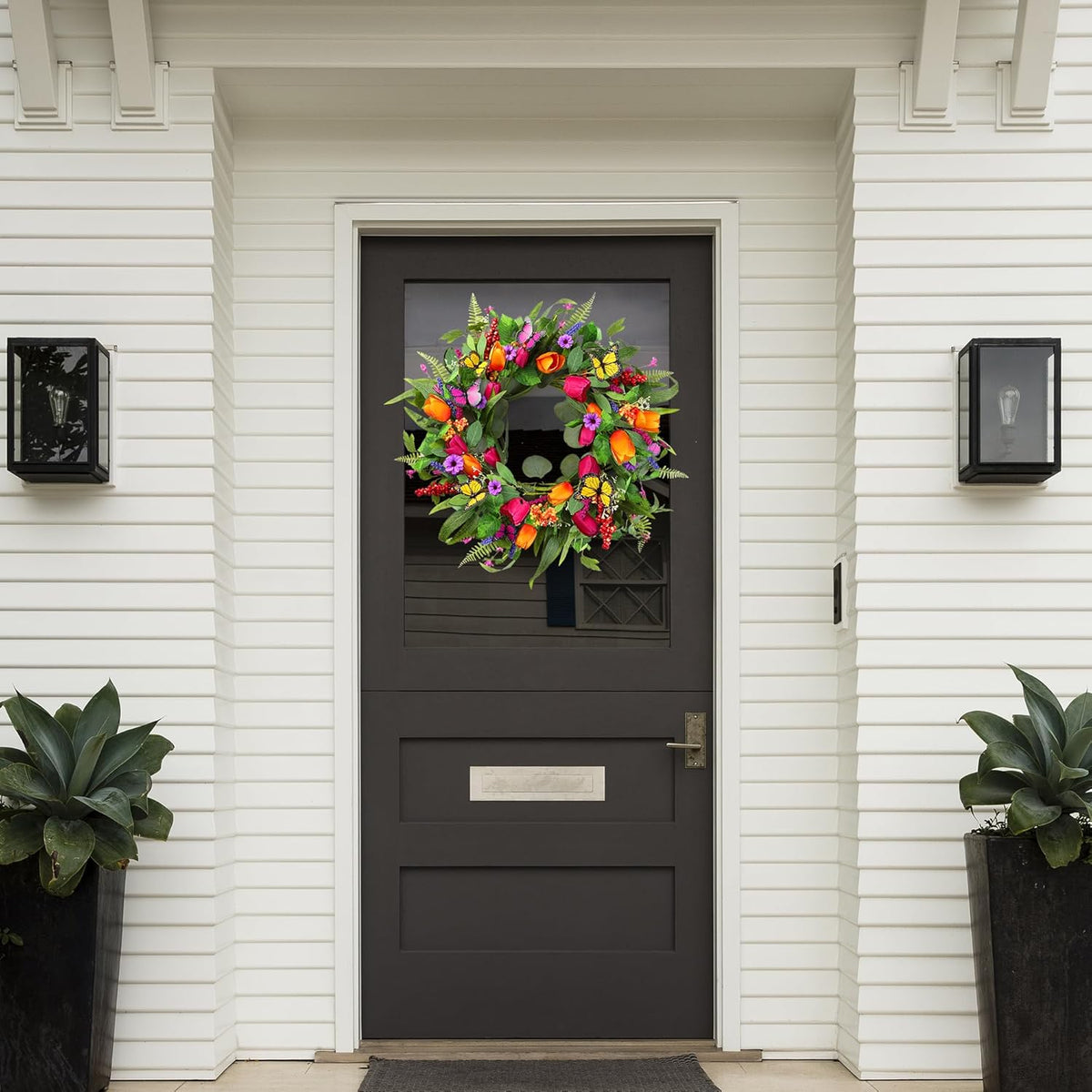 Sggvecsy Spring Summer Wreath for Front Door 22 Inch Artificial Tulips Wreath with Eucalyptus Leaves Lavender Ferns Colorful Silk Flowers Butterflies for Home Farmhouse Indoor Outdoor Wall Decor