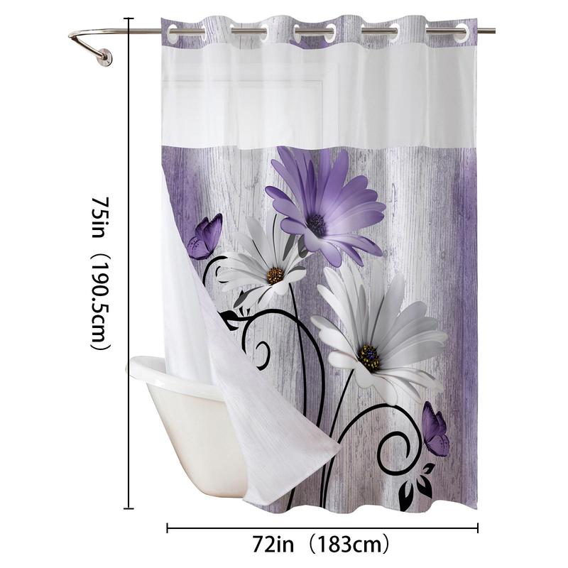 Double-Layer Daisy Printed Shower Curtain - Hookless Waterproof Fabric for Bathroom