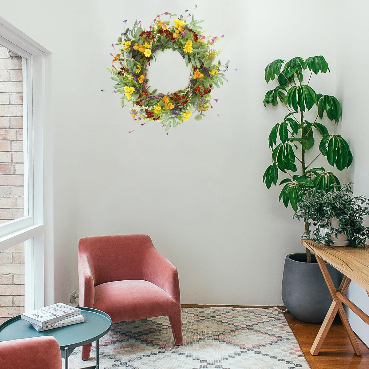 AMF0RESJ Artificial Spring Summer Wreath for Front Door Yellow Daisy Wreath with Olive Leaf, Eucalyptus Leaves for Front Door Indoor Outdoor Wall Porch Farmhouse Home Decor