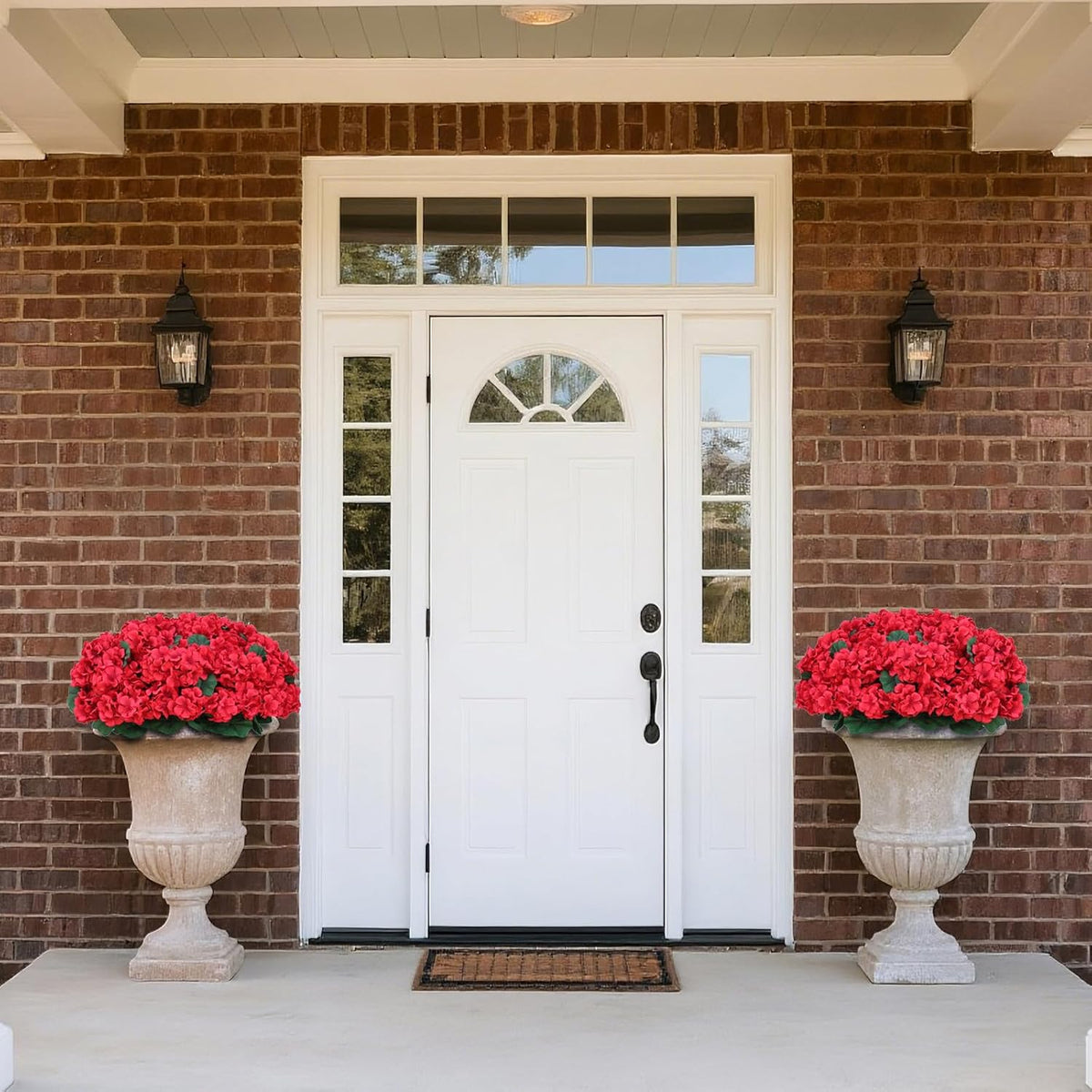 18" Artificial Geraniums Topiary - 2 Set for Front Porch Decor, Faux Silk Flowers Bushes UV Resistant Potted Plants for Outdoor Indoor Door Offices Garden Farmhouse Home Decor (Red)