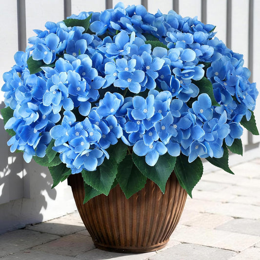 Artificial Hydrangea Flowers for Outdoor Decor, Realistic Faux Silk Bouquets Sun-Resistant Fake Plants for Front Door Balcony Farmhouse Garden Home Spring Summer Decor (Blue)