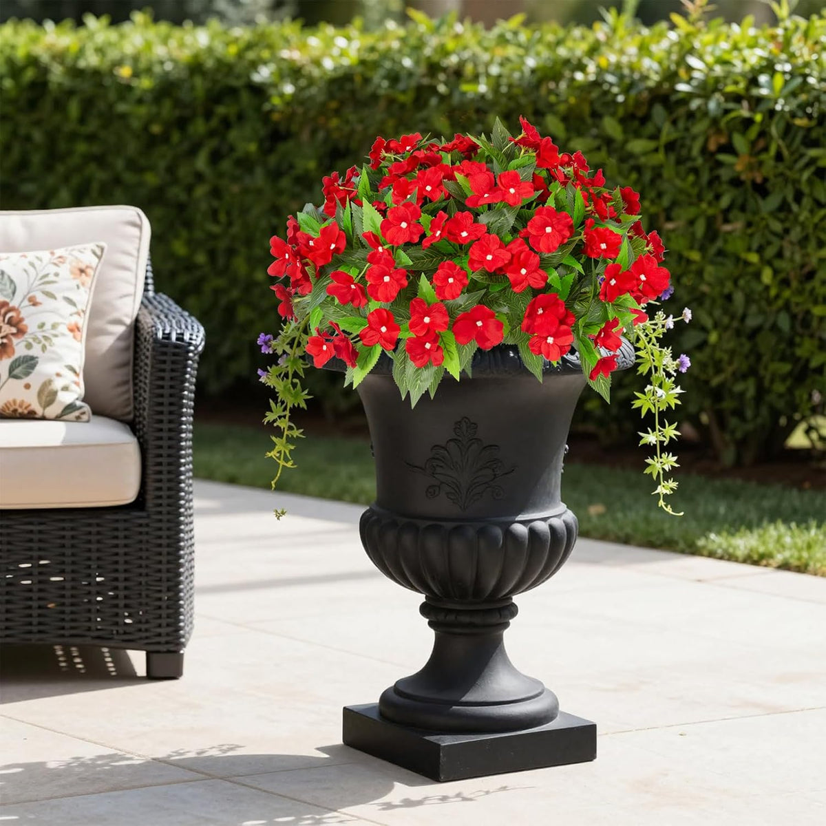 Daynight 4 Pcs Artificial Impatiens Flowers for Outdoor Flowers UV Resistant Faux Red Flowers Impatiens Bushes Silk Artificial Flowers Bouquet for Patio Garden Porch Decor (4, Red)
