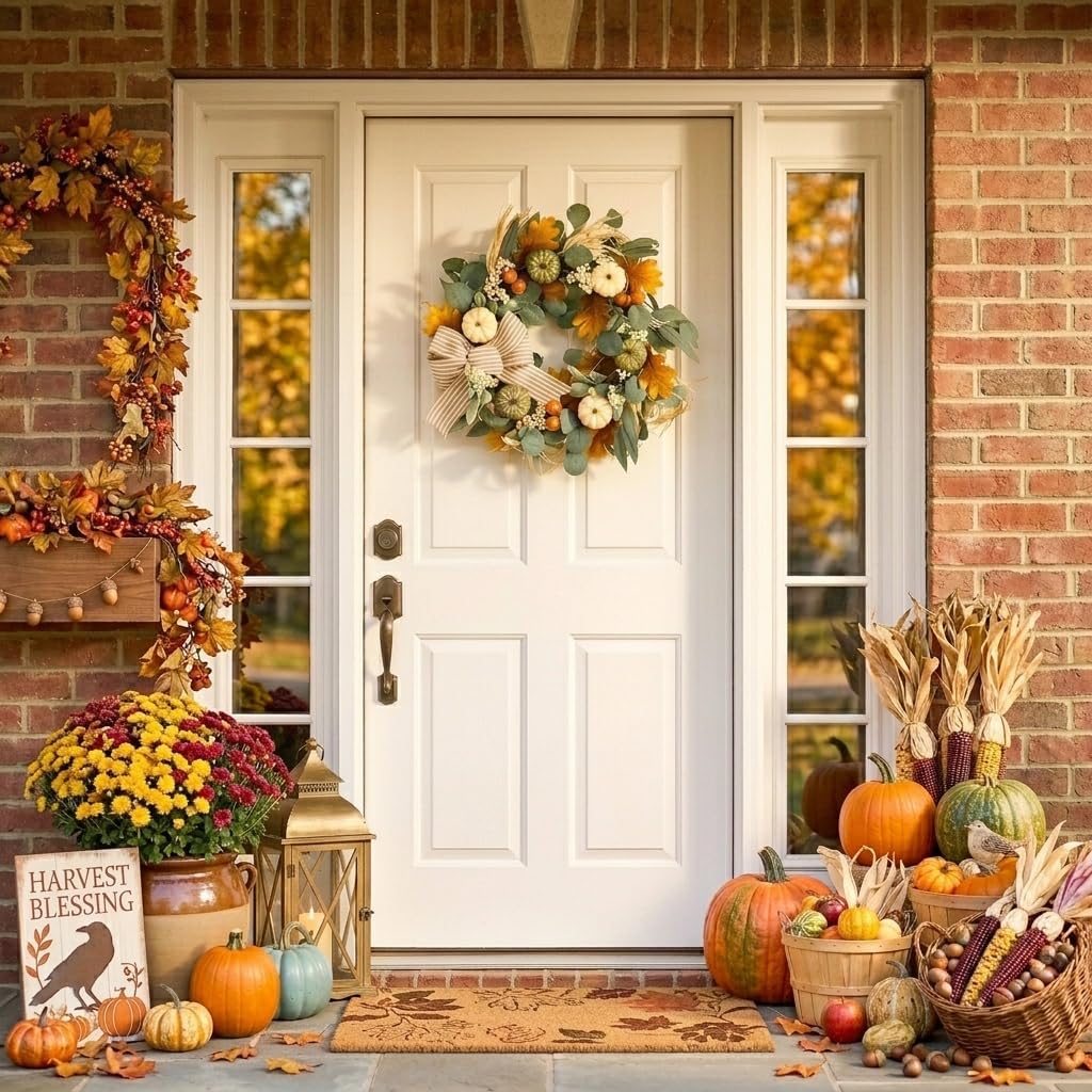 20'' Fall Wreath for Front Door with 20 LED Lights, Pumpkins and Burlap Bow