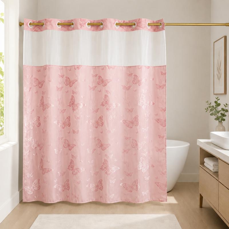 Hook-Free Double-Layer Butterfly Flocked Shower Curtain with Mesh Top Window, 71 x 74 in