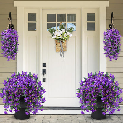 Artificial Fake Hanging Flowers Plants for Outdoor Outside Spring Summer Decoration 2PCS Faux Silk UV Resistant Realistic Morning Glory Trailing Vines for Home Porch Patio Balcony(Purple)