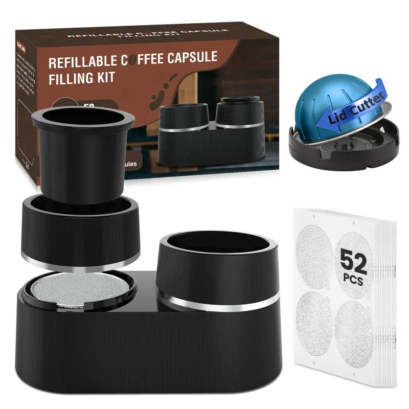 Reusable Aluminum Double Pods Kit for Coffee Machines - Capsule Filling Funnel, Tamper, and 52 Foil Seals