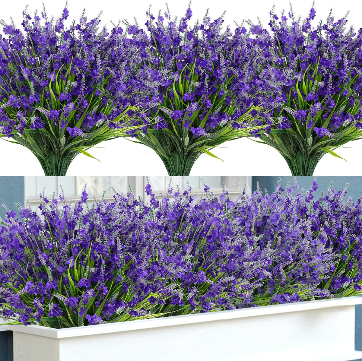 20 Bundles Artificial Lavender Flowers for Outdoors Fake Silk Flowers Faux Plants UV Resistant for Indoor and Outdoor Spring Porch Garden Window Table Box Office Home Decorations, Deep Purple