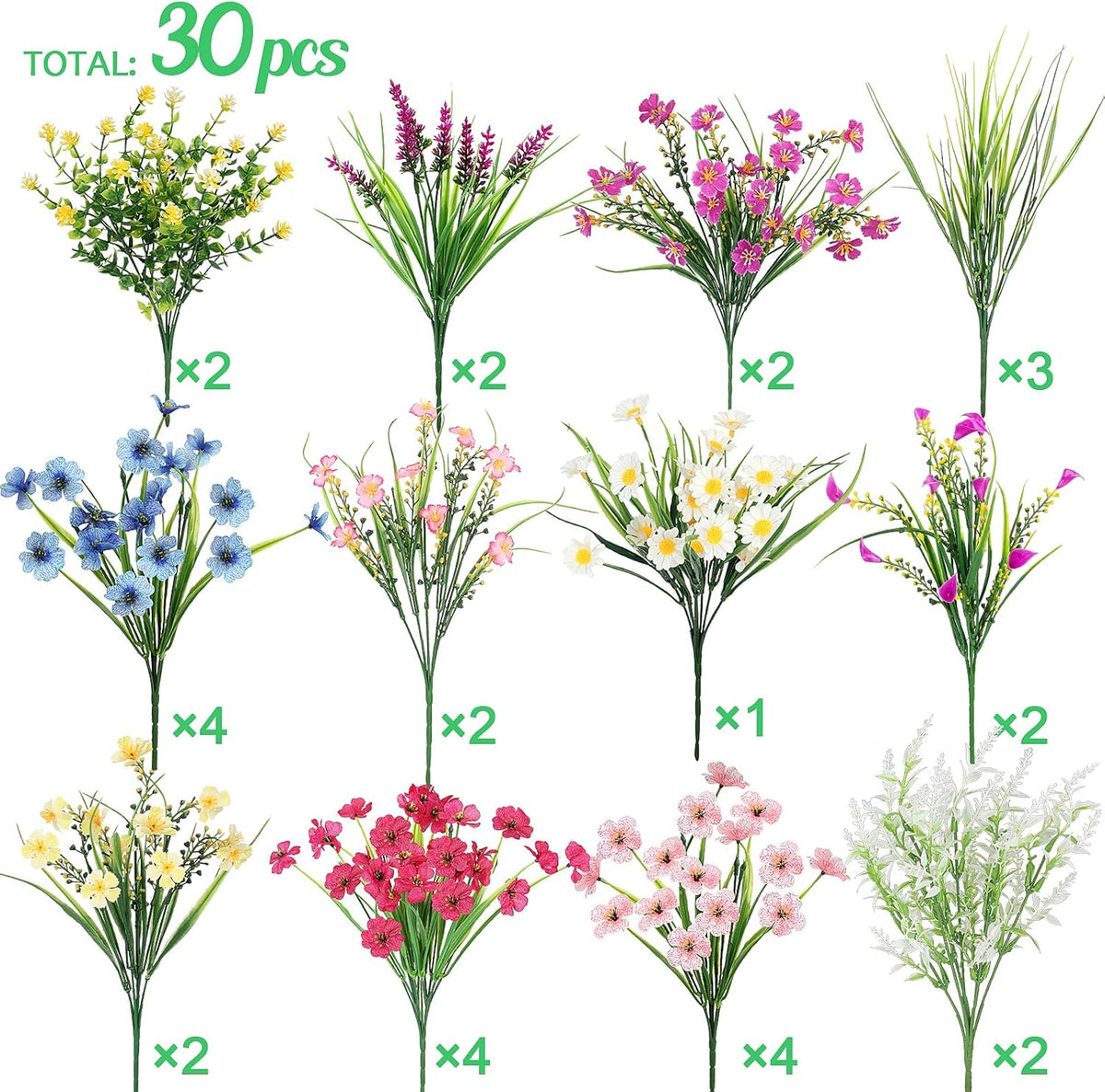 30 Bundles 12 Style Artificial Flowers for Outdoors Fake Silk Flowers UV Resistant Faux Plastic Plants for Spring Summer Garden Porch Window Box Table Vase Home Indoor Outdoor Hanging Decoration