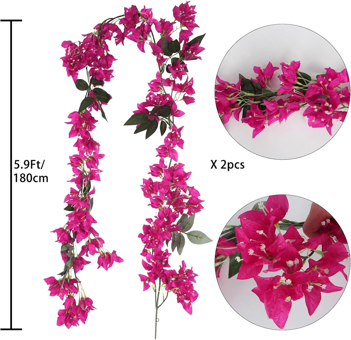 2PCS 5.9 Ft Artificial Bougainvillea Flowers Garland - Fake Silk Vines for Wedding Arch and Wall Decor